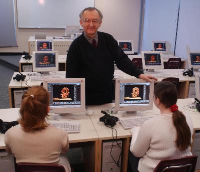 Dr. Schutz in the language lab with students